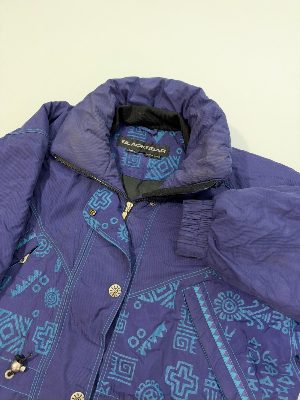 VTG Black Bear Tribal Print Winter Ski Coat Womens 2XL Purple Blue Aztec 80s